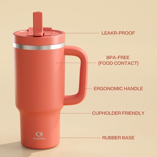 Image of ENCOOL 32 oz Tumbler with Handle and Straw: Stainless Steel Insulated Tumbler Keeps Cold for 24 Hours, Leakproof Travel Cup Fits in Cup Holder and BPA-Free,Tawny Orange