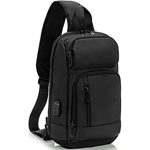 KINGSLONG Sling Bags for Men, Waterproof Sling Bags with USB Charging Port Chest Shoulder Bags Crossbody Backpack for Sports Hiking Outdoor Cycling Office Traveling-Black Cover