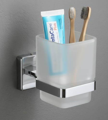 Image of EASYHOME FURNISH Premium SUS 304 Stainless Steel Toothbrush Holder with Frosted Glass Tumbler - Wall Mounted Bathroom Toothpaste & Shaving Kit Organizer, Rustproof Chrome Finish