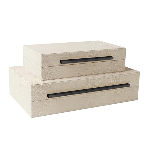 Image of Sagala Set of 2 Beige Shagreen Decorative Boxes With Black Metal Handles, Faux Leather Jewelry Boxes Modern Storage Boxes Photo Boxes Memory Boxes Home Organizer (Beige-Black Handle)