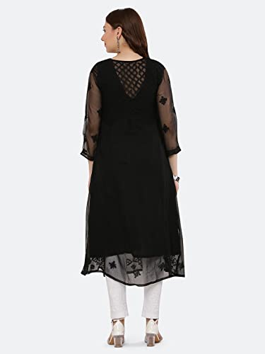 Image of FAWOMENT Ethnic Designer Angarkha A-Line Georgette Kurta with Exclusive Hand Embroidered Lucknowi Chikankari for Women