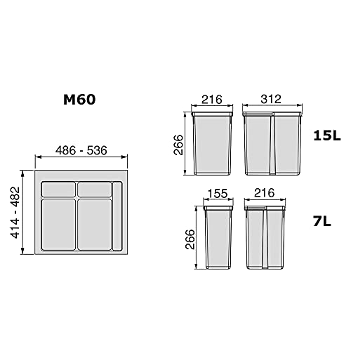 Emuca - Pattumiere Per Cassetto, Contenitori Raccolta Differenziata Con Base Rifilabile, Kit Di Cestini Altezza 266Mm Con Base 60Cm - 2