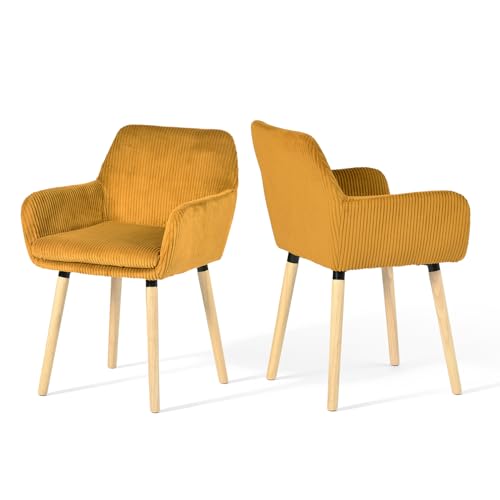 Meuble Cosy Chaises de Salle à Manger Scandinave Lot de 2, Fauteuil Rembourrée en Velours Côtelé, Pieds en Bois, pour Cuisine Salon Chambre, Jaune