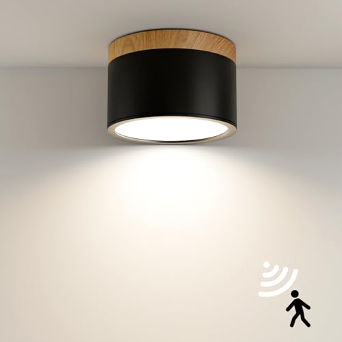 QHENS LED Plafonnier avec Détecteur de Mouvement, 12W Spot Plafond Surface Aluminium Noir, 4000K Blanc Neutre 960LM, pour Couloir Escalier Garage Cellier