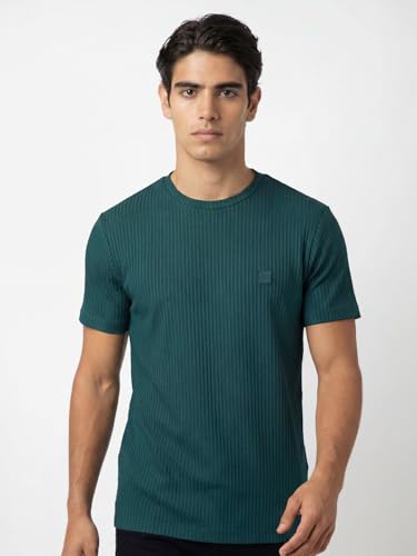 Image of DAMENSCH Men's Striped Texture, Cotton-Rich Comfort, Regular Fit, Solid Colours Striped T-Shirts