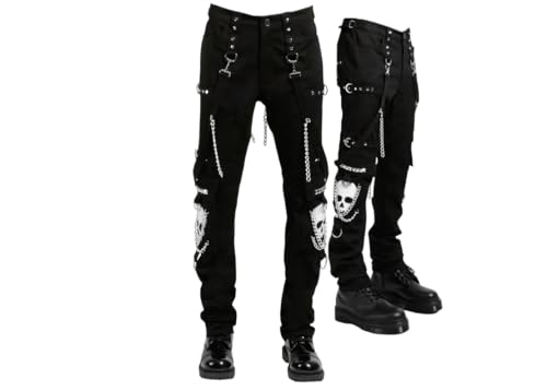 Unisex Slim Gothic Pant | White Super Skull Gothic Cyber Chain Goth Jeans Punk Rock Pants | Skull Gothic Pant
