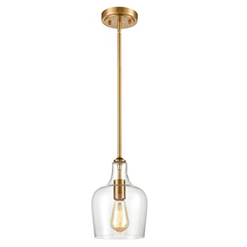 JEENKAE Modern Brass Glass Kitchen Pendant Lighting Rod-Hung Gold Pendant Light, 1-Light-1