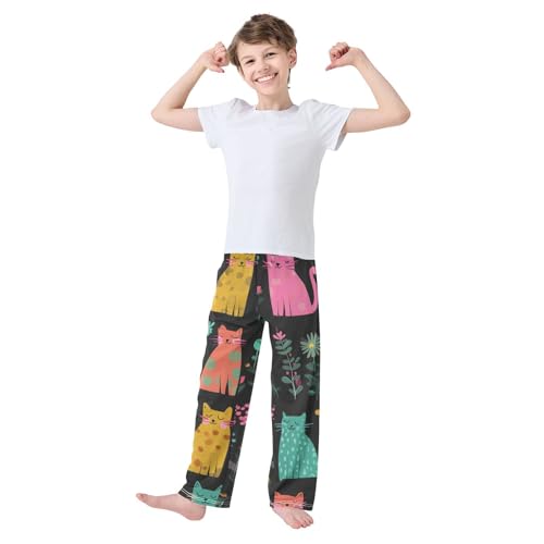 Lovely Cat Spring Flowers Boys Long Pants Soft Trousers Elastic Waist Kids Lounge Bottoms with Pockets S-XL3