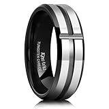King Will 7mm Silver Tungsten Rings, Men's Wedding Rings Basic Black Goove Beveled Edge Polished Wedding Band for Men Women Comfort Fit and Durable, Size 10