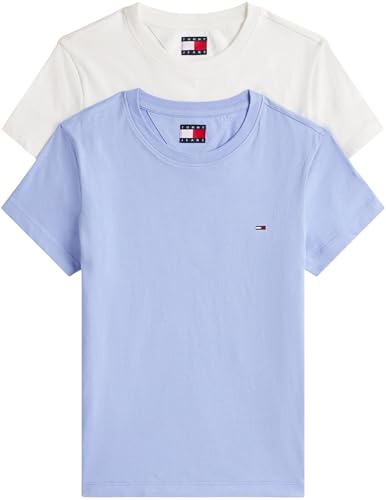 Tommy Jeans Camisetas de Manga Corta Pack de 2 Mujer con Cuello Redondo, Multicolor (Ecru/Vinatage Iris), S