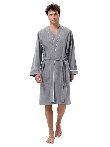 Sioro Men's Lightweight Cotton Robe, Soft Bathrobe With Pockets And Belt, Knee Length Spa Robe, Steel Gray, L #TOP14