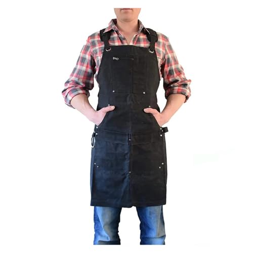 Delantal de lona impermeable negro ajustable con bolsillos para carpintero y soldadura 2