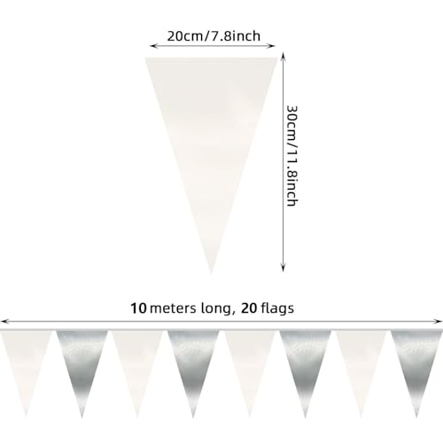 Image of 130FT White Silver Triangle Pennant Banner Flag Metallic Fabric Bunting Garland for Christmas Graduation Birthday Wedding Bridal Shower Nautical Ahoy Achor Theme Party Decorations Supplies