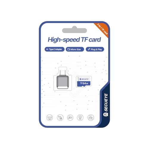 SECUEYE Tarjeta de memoria TF de 64 GB con adaptador tipo C FAT32 Clase 10 de alta velocidad de lectura/escritura 24/7 grabación de video para cámara de seguridad, smartphone, tablet (64 GB + lector
