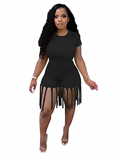 Womens 2 Piece Outfits Summer Tracksuit Sports Crop Tops Tassels Short Sets Black XL