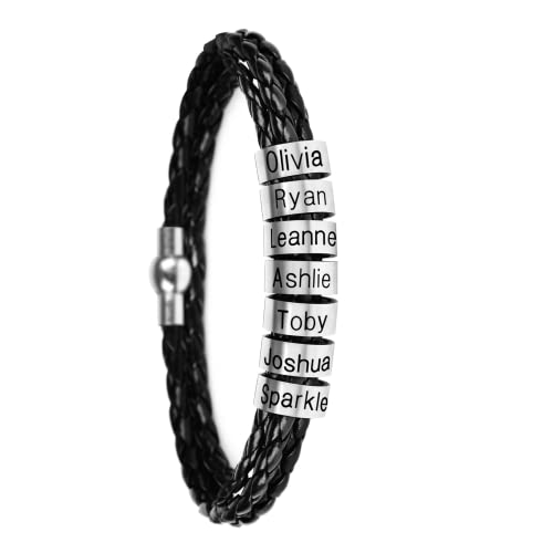 Custom-Name-Mens-Braided-Leather-Bracelet-Personalized-Beads-Charm-Family-Identification