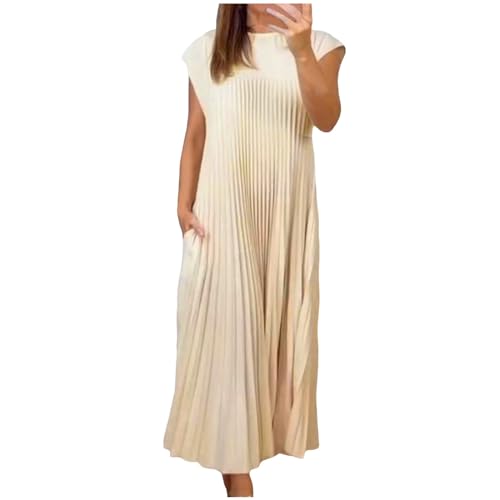 Robe plissée femme mode décontractée col rond sans manches mi-saison