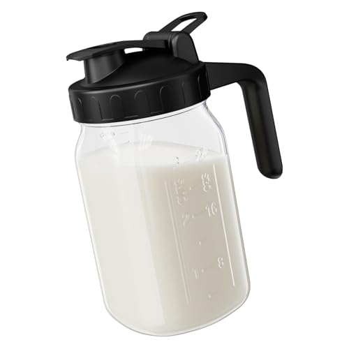 Image of JunVpic Breast Milk Pitcher - 32 oz Glass Mason Jar with Dual Leak-Proof Design, Airtight Seal, Pour Spout & Handle, Storage Container for Breastmilk, Iced Tea & Ice Drinks（Black）
