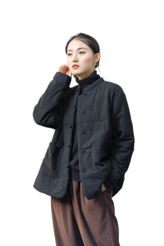 Image of HEARTTOUCH Women's Quilted Lightweight Jacket Cotton Padded Coat with Pockets Chinese Style Tang Suit Winter Thick Outwear, Black, One size