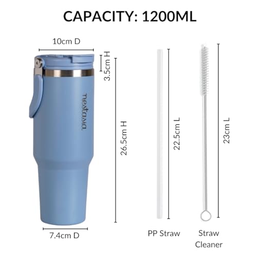Image of Nestasia PickSip40 Tumbler with Straw & Top Handle 1.2L | Insulated Stainless Steel Sipper Water Bottle for Adults with Dual Flip Opening Sip-Swig Leakproof Lid for Office & Gym (Blue Frost)