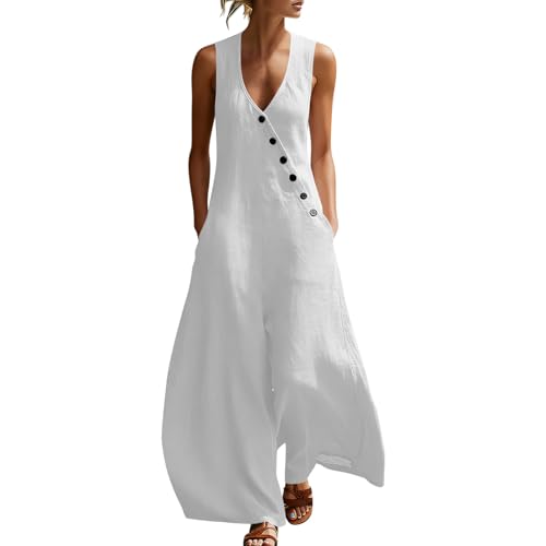 Jumpsuits For Women Casual Cotton Linen Button Rompers Wide Leg Casual Beach Overalls with Pockets White jumpsuit rompers for women M