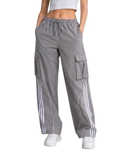 Image of Women's Grey Wide Leg Cargo Track Pants Casual Streetwear Striped Jogger Trousers
