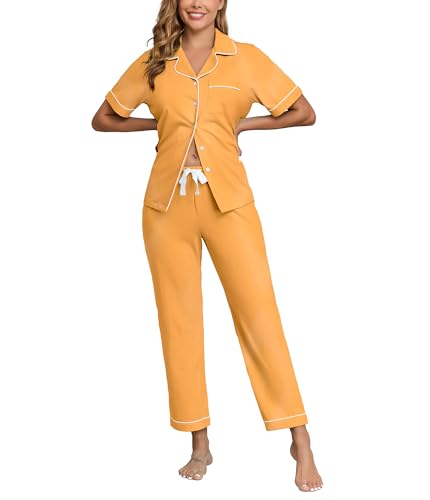 Image of CF Womens 100% Cotton Pajamas Set Button Down Pjs Sets Short Sleeve Top & Long Pants Sleepwear Comfy Loungewear with Pockets
