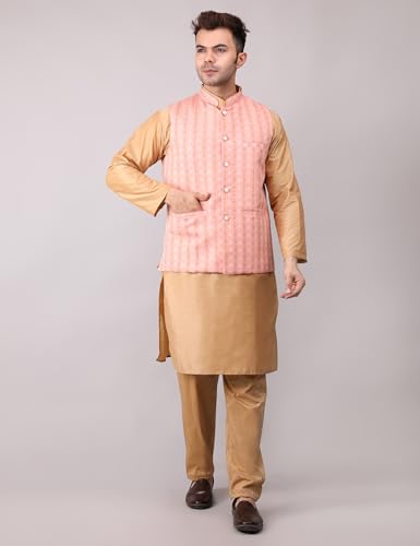 Image of Men's Cotton Silk Blend Regular Kurta Pyjama, Embroidered Nehru Jacket /Waistcoat Set