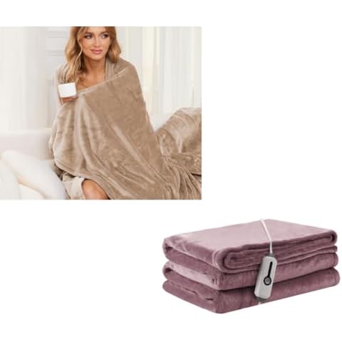 LaffyLo Electric Heated Blanket Twin Size 62" x 84" & Throw Size 50" x 60" Breathable Warm Flannel Fabric Blankets Light Brown & Purple Cover