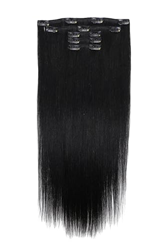 Image of LaaVoo Yaki Straight Clip in Hair Extensions Real Human Hair Jet Black - Textured Yaki Mimicking Relaxed African Hair for a Natural Voluminous Look 100g 5pcs 18 Inch
