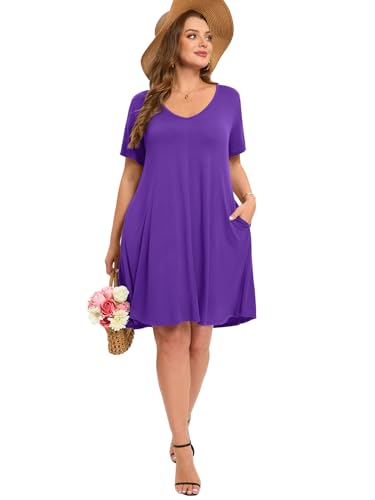 Image of ZENNILO Women's Plus Size Swing Dress with Pockets Casual Summer Dresses V Neck Short Sleeve T Shirt Dress for Women