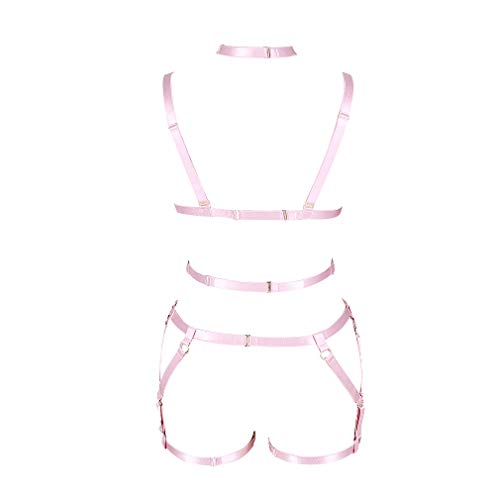Full Body Harness For Women Lingerie Cage Bra Garter Belt Set Chest Strap Gothic Punk Plus Size Festival Rave Halloween (Pink) #TOP4