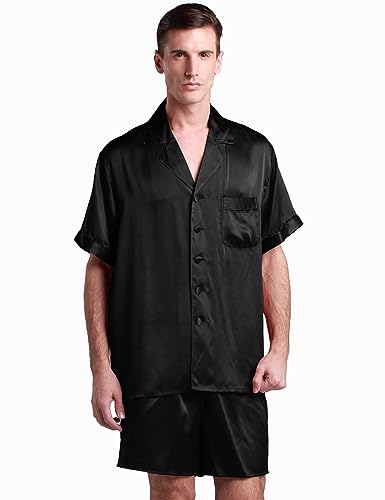 LilySilk 100% 2PC Silk Pajama Set for Men Short Sleeves Button Contrast Trim V Neck Causal Lounge for Summer