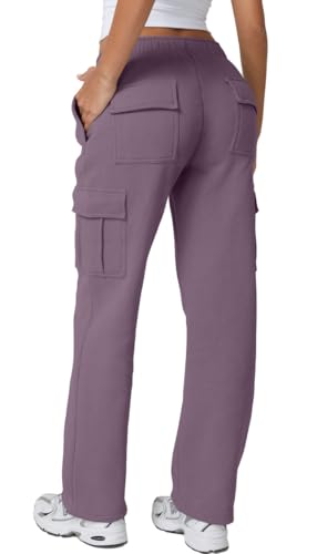 Image of QINSEN Baggy Medium Waist Elastic Sweatpants for Womens Casual Long Fleece Cargo Pants with Pockets