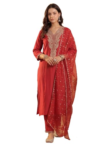Image of INDO ERA Women's Liva Red Paisley Embroidered Sequinned Straight Kurta & Pant with Dupatta Set