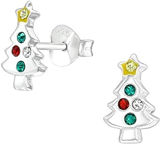 Tiny Sterling Silver Christmas Tree Earrings with Crystal