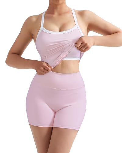 Image of SUUKSESS Women 2 Piece Workout Sets High Waisted Tummy Control Biker Shorts Halter Padded Tank Tops