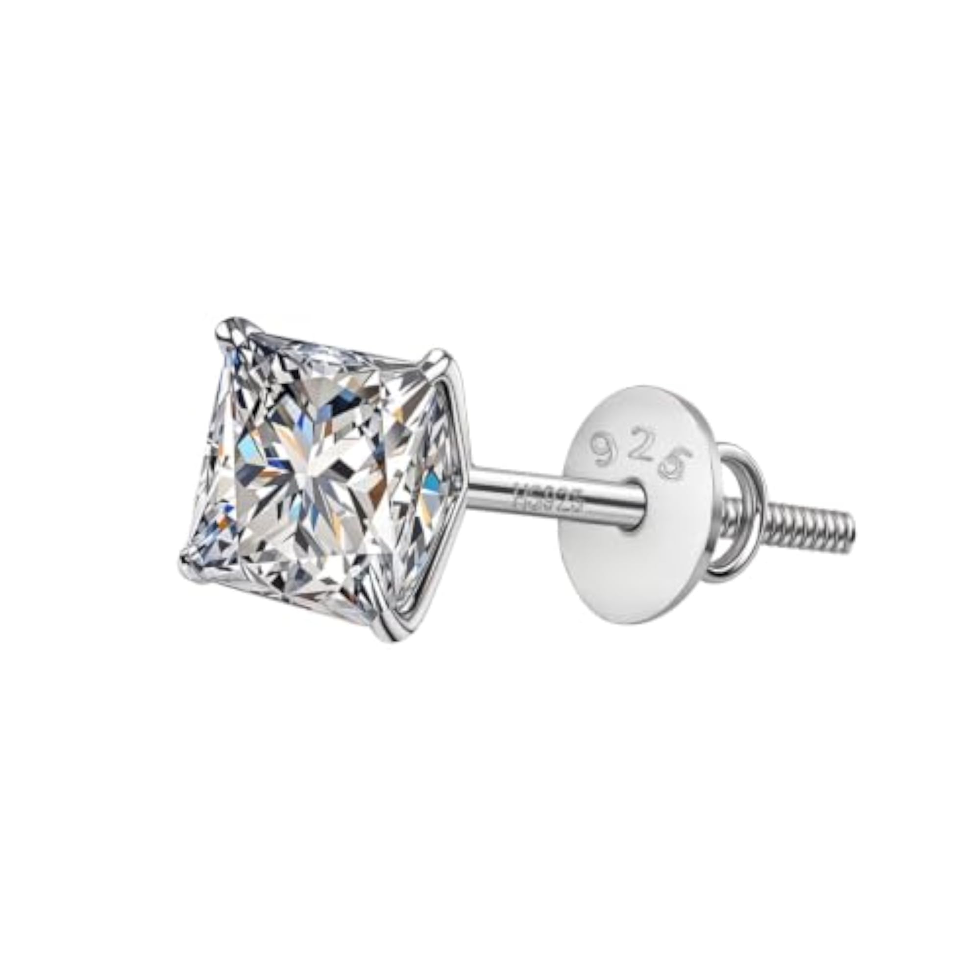 Men's 925 Silver Princess Cut Screwback Stud Earring