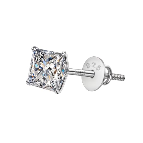 Image of HIGHSPARK 925 Silver Princess Cut Screwback Stud Earring | 92.5 Sterling Silver & Diamond Like Brilliance Zirconia Square Top | Single Stud for Men | 5mm