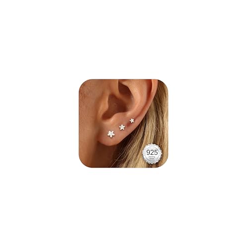 MOGASA 3Pares Pendientes Mujer Plata de Ley 925 Chapados Oro 14k Hipoalergénicos Pequeños Zirconia/Flor/Estrella Pendientes 3-5mm Regalos de Joyería para Mujeres y Niñas