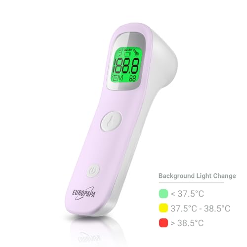 EUROPAPA Termómetro de frente para bebés, niños y adultos, por infrarrojos, con alarma de fiebre, modos °C y °F, memoria para 30 valores de medición (violeta) - imagen 2