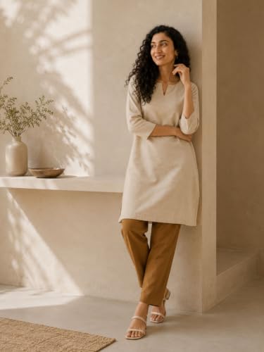 Image of SAADAA Airy Linen Mid Thigh Length Kurta for Women | Stylish Split Neck, 3 /4 Sleeves & Side Pockets | Comfortable Everyday Wear Kurta | Breathable Fabric |