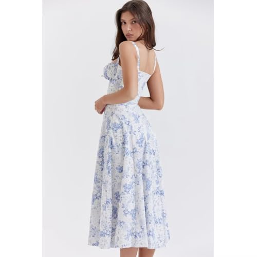 Image of Floral Corset Midi Dress Square Neck A Line Dress with Slit | Square neck floral midi dress with front tie bust wide straps A-line skirt side slit and lightweight fabric