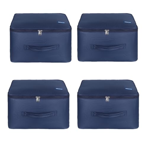 M MEDLER Adex Nylon Wardrobe Organizer Bag | Moisture-Proof Clothes Storage Box & Saree Cover with Zipper & Handle | Square | Blue | 38x38x24 cm - PACK OF 4