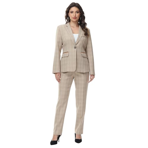 Lamgool Women's 2 Piece Plaid Suit Lady's Business One Button Lined Blazer Jacket Pant Set2