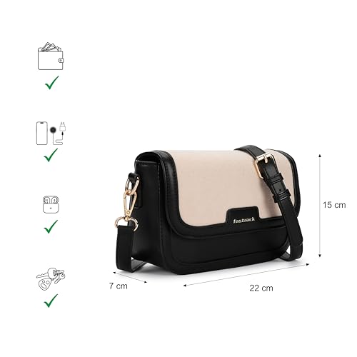 Image of Fastrack Sherpa-Panel Sling Bag for Women | Faux Leather Crossbody with Zipper Closure, Gold Hardware and Detachable Strap | Compact Textured Bag for Casual and Evening Outfits