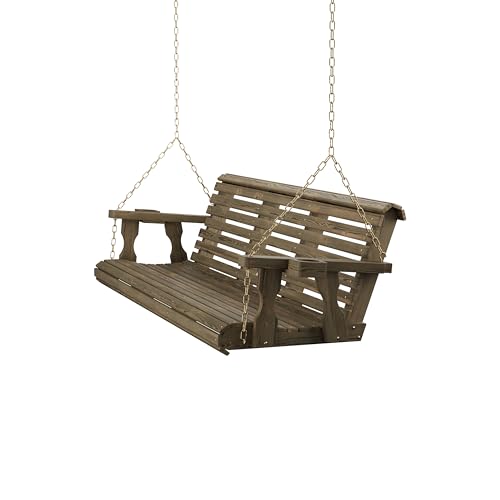 Image of Amish Casual Heavy Duty 700 Lb Capacity Porch Swing with Cup Holders (6 Foot, Dark Walnut Stain) - Wooden Outdoor Roll Back Swing with Hanging Chains - Amish Made in the USA
