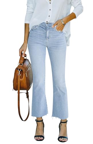 Flare Jeans for Women Cropped Stretchy Mid Rise Bell Bottom Jeans Womens Crop Flare Jeans with Raw Hem