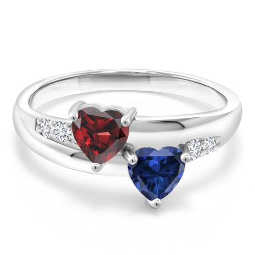 Gem Stone King 925 Sterling Silver Red Garnet and Blue Created Sapphire and Lab Grown Diamond Women Engagement Ring (1.24 Cttw. Heart Shape 5MM, Available in size 5, 6, 7, 8, 9)3