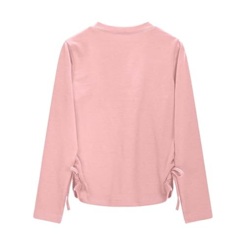 Kids Girls Long Sleeve Shirts Solid Crew Neck Bow Ruched Knot Side Tunic Blouse Tops Trendy Regular Fit Pullover Tees4